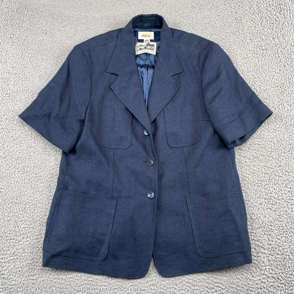 Talbots Blazer Womens 16 Navy Blue Irish Linen Short Sleeve Patch Pocket Classic